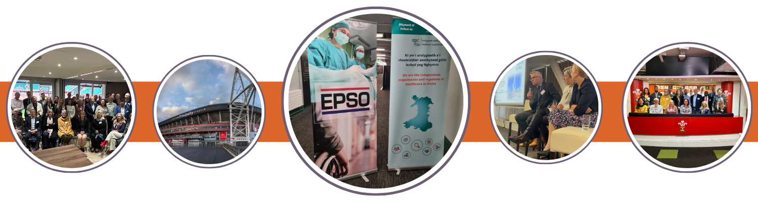 Banner with pictures of EPSO attendees, Pricipality Stadium, Epso and HIW banners, and Alun Jones speaking.