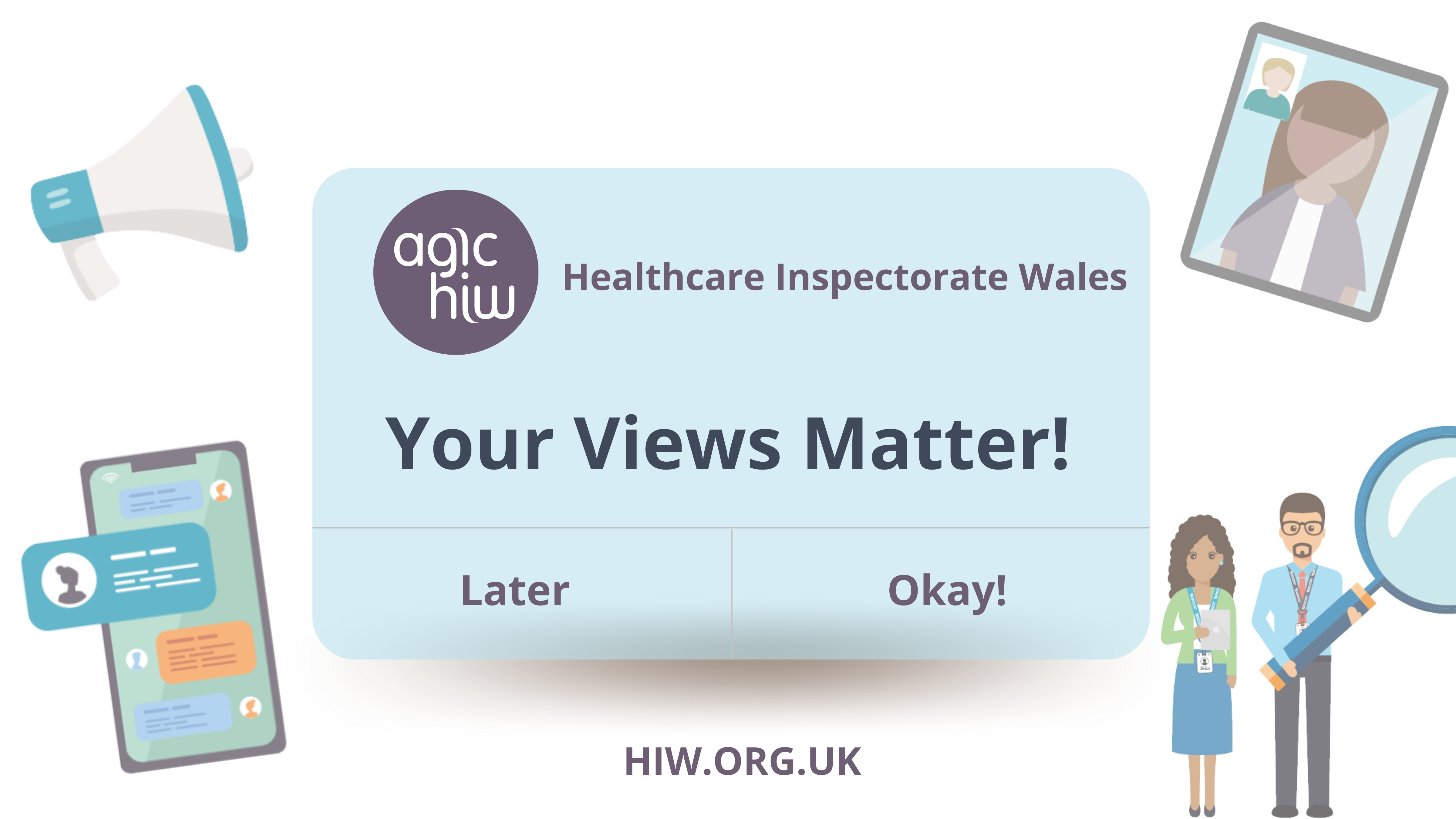 Your views matter! surrounded by icons of mobile phone, inspectors, speakerphone and iPad