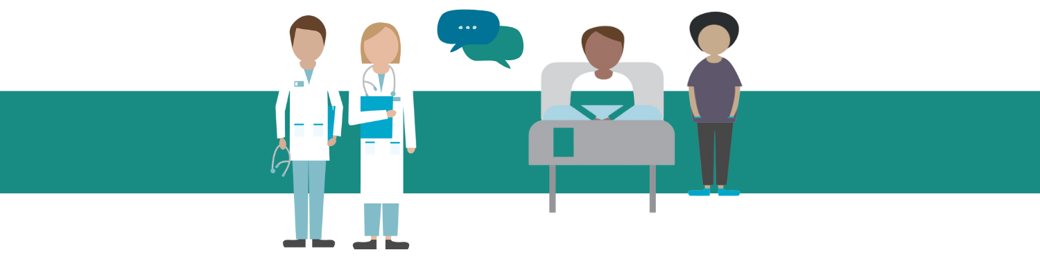 Doctors talking to patient, patient is in hospital bed with a friend/family member stood next to them