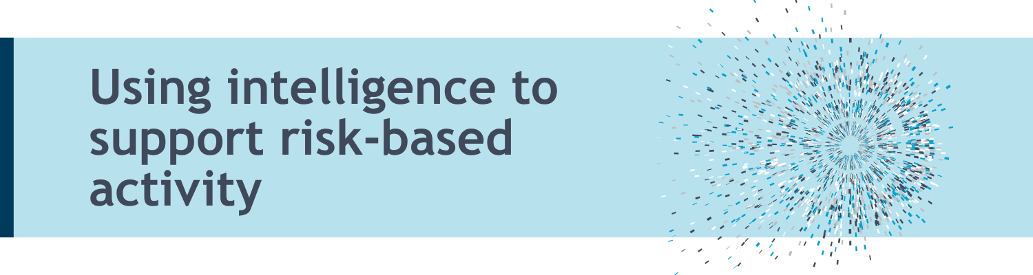 banner header featuring a circular graphic made up of coloured particles and the title of the page "Using intelligence to support risk-based activity."