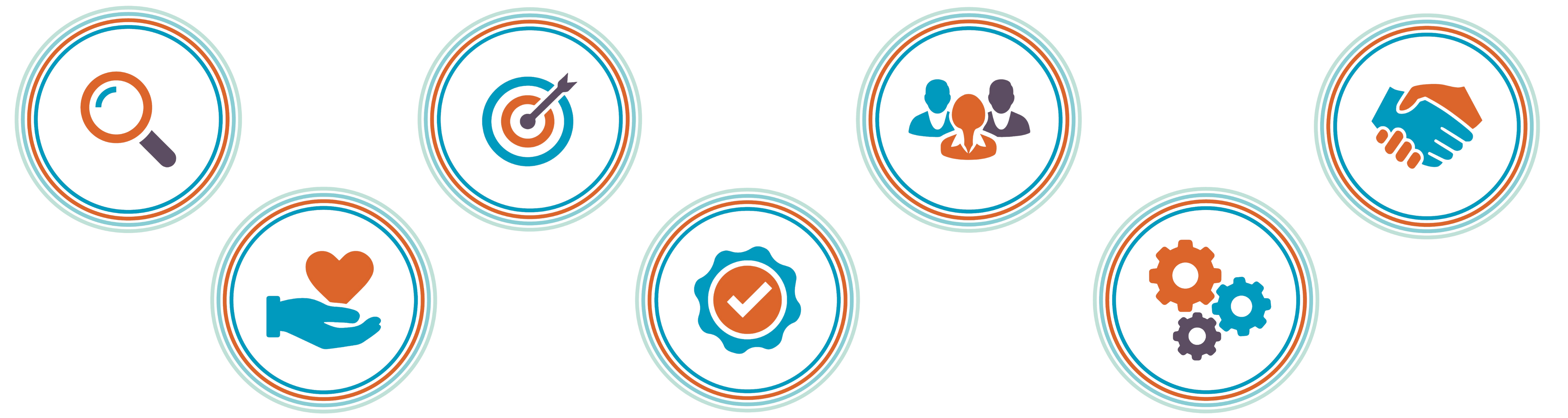 Magnifying glass, heart in hands, target, tick in circle, group of people, cogs and shaking hands icons