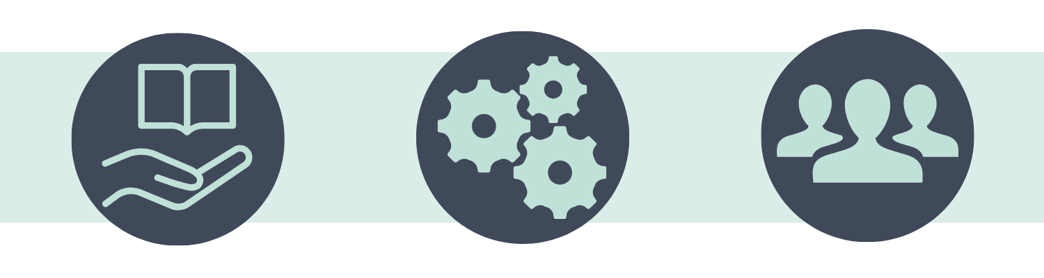 Icons of book in hand, cogs turning and a group of people on light green background